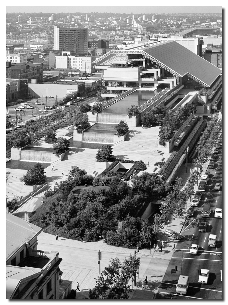 Greyscale aerial view of Robson Square in the 1970s