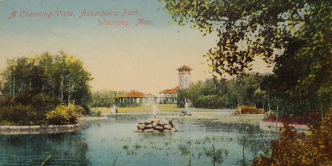 View across a pond with a tower in the distance depicted on a vintage postcard of Assiniboine Park