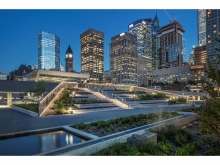 Night view looking to the east stepped garden, reflecting pool in foreground, an