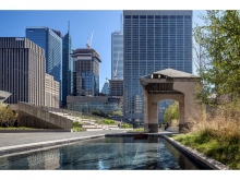 View south to the reflecting pool, flame and pavilion.