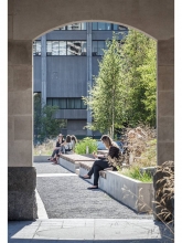 The pavilion aligns with sitting areas on the west stepped garden.