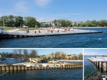 Beach tiers bring people to the lake level, achieved by cutting the dockwall and integrating tiebacks into the new steps