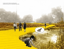 On the south side, a proposed path meanders through a naturalized landscape and wetland area.