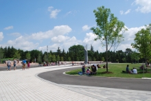 Water Plaza and long long bench – framing great lawn